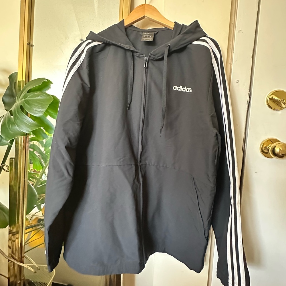 Adidas Black Windbreaker with Iconic Stripes